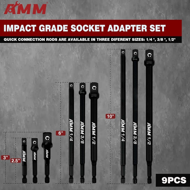AMM 9-Piece Impact Grade Socket Adapter Set，1/4", 3/8", and 1/2" Drive | 3", 6", and 10" Socket Driver Adaptor，Adapt Your Power Drill To High Torque Impact Wrench - Image 2